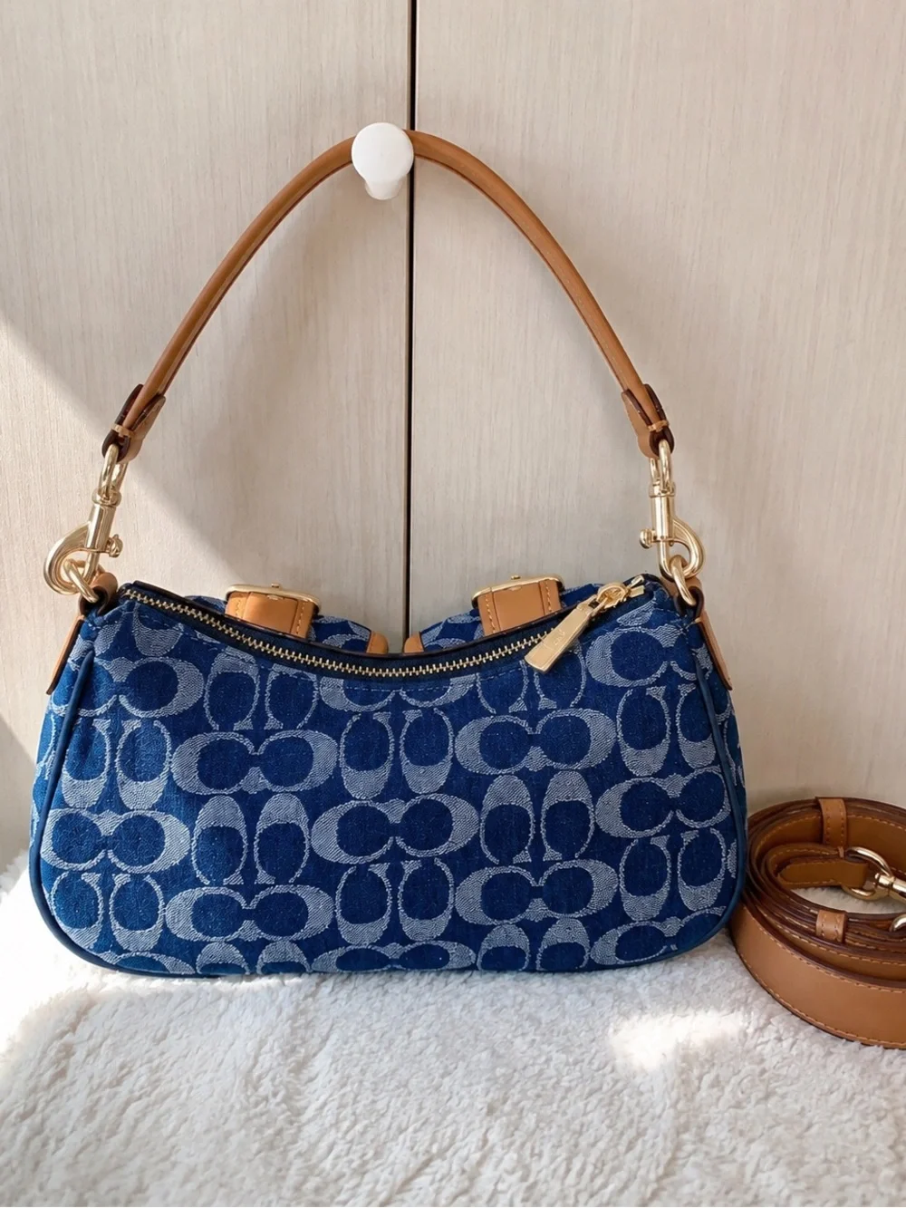 Coach Navy Signature Denim Shoulder Bag with Tan Leather Trim and Gold Hardware